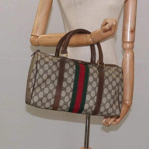 GUCCI GG Supreme Web Sherry Line Boston Bag PVC Beige Red - Picture 14 of 16